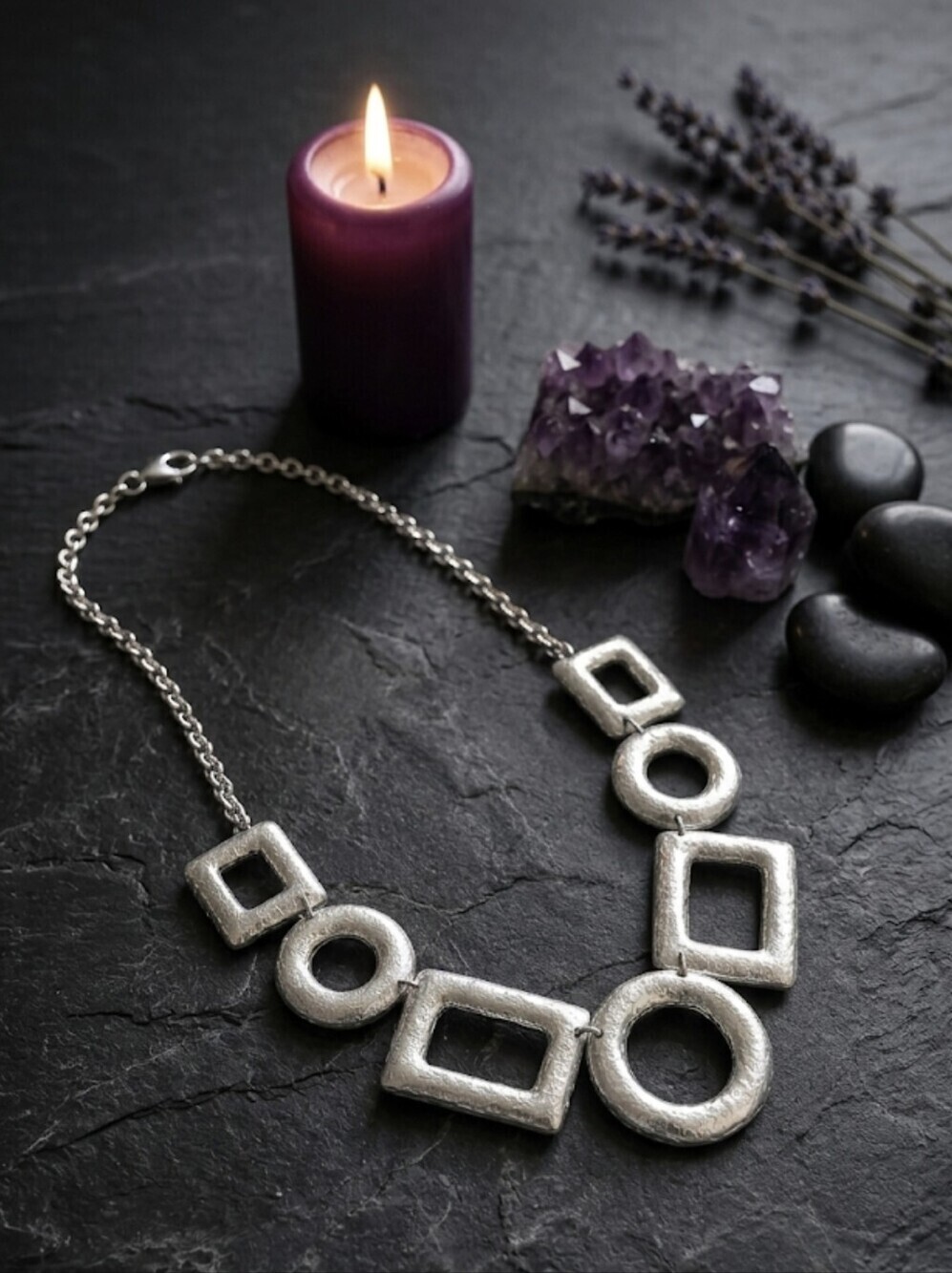 Turkish Silver Tone Statement Necklace Chunky Geometric Bib Zamak Bohemian 24"